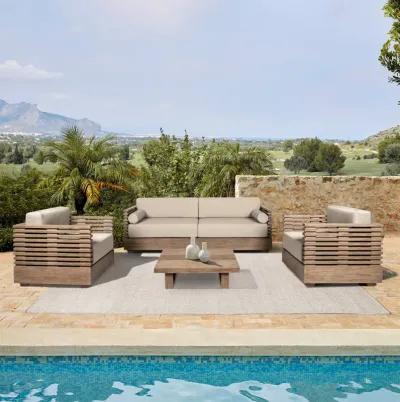 Vivid Outdoor Patio 4 Piece Conversation Set in Light Eucalyptus Wood with Taupe Olefin Cushions 