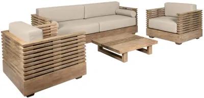 Vivid Outdoor Patio 4 Piece Conversation Set in Light Eucalyptus Wood with Taupe Olefin Cushions 