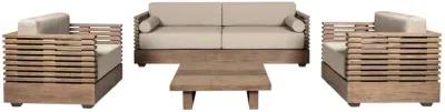 Vivid Outdoor Patio 4 Piece Conversation Set in Light Eucalyptus Wood with Taupe Olefin Cushions 