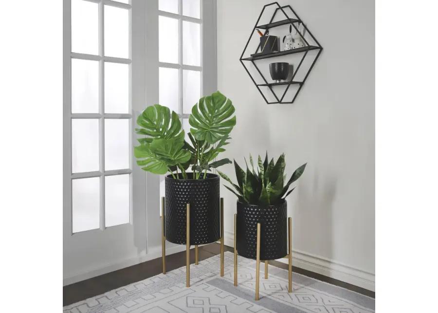 S/2 Honeycomb Planter On Metalstand, Black/gld