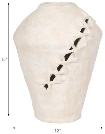 15" Stitched Paper Mache Round Vase, White