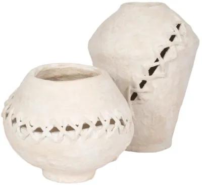 15" Stitched Paper Mache Round Vase, White