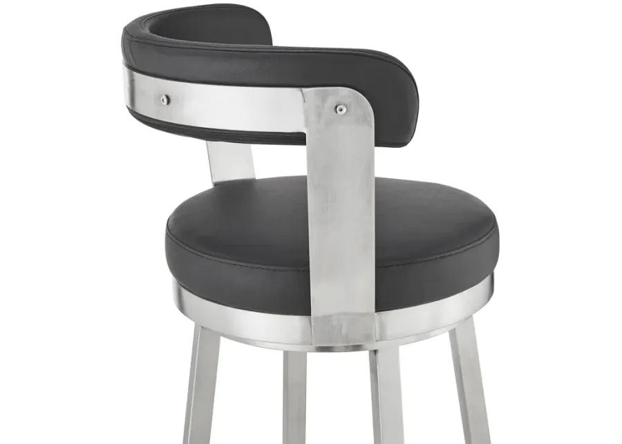 Kobe 30" Bar Height Swivel Bar Stool in Brushed Stainless Steel Finish and Black Faux Leather