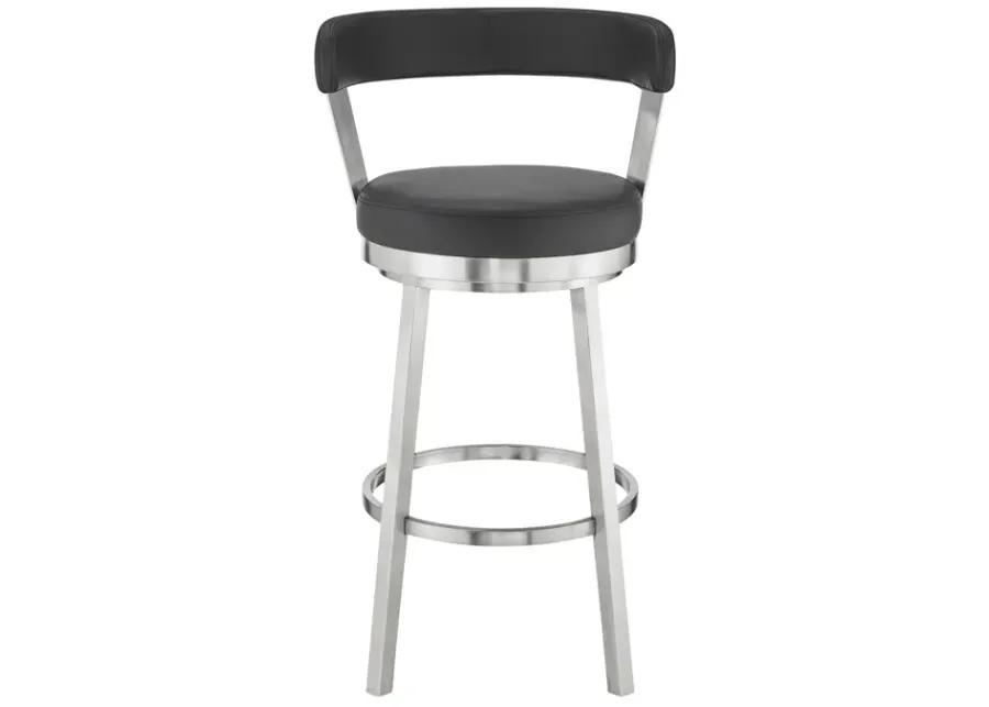 Kobe 30" Bar Height Swivel Bar Stool in Brushed Stainless Steel Finish and Black Faux Leather