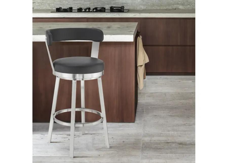 Kobe 30" Bar Height Swivel Bar Stool in Brushed Stainless Steel Finish and Black Faux Leather