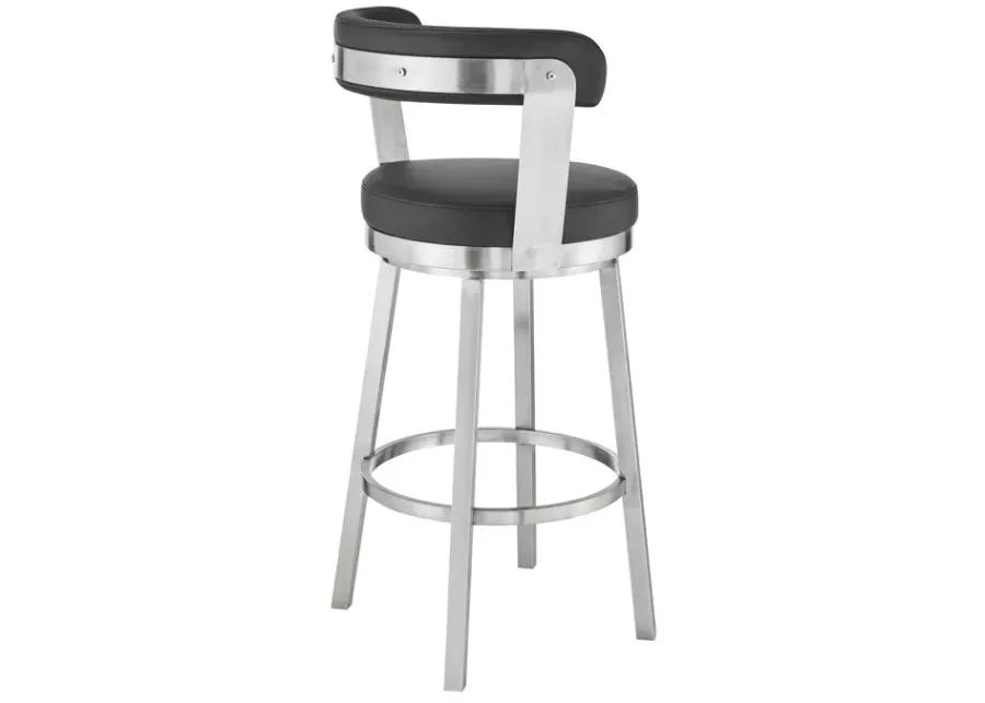 Kobe 30" Bar Height Swivel Bar Stool in Brushed Stainless Steel Finish and Black Faux Leather