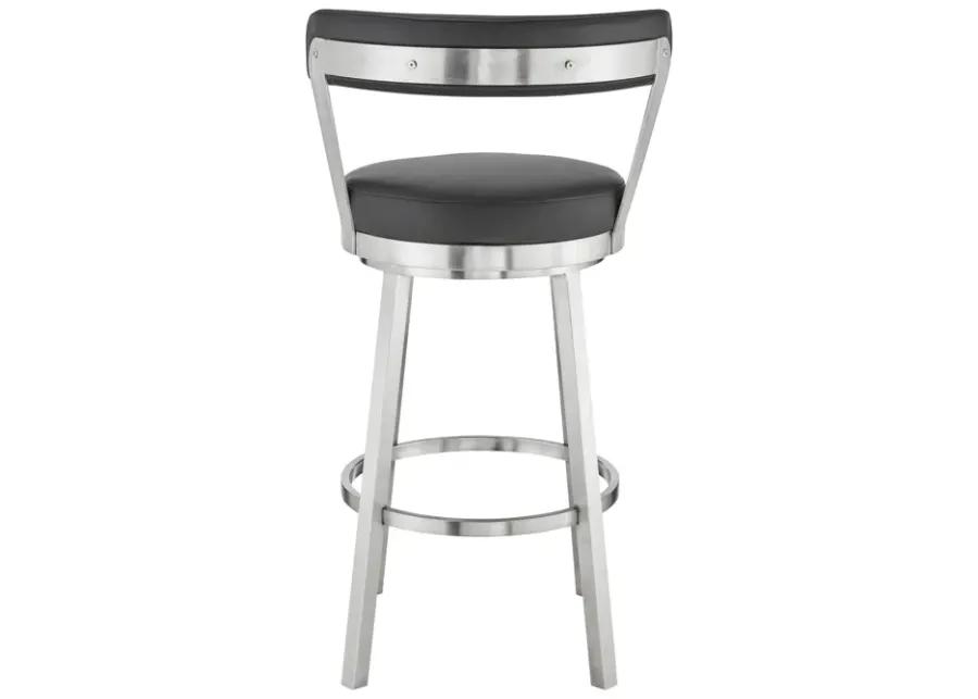 Kobe 30" Bar Height Swivel Bar Stool in Brushed Stainless Steel Finish and Black Faux Leather