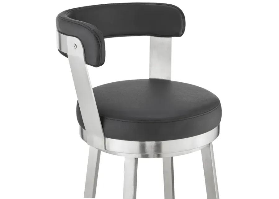 Kobe 30" Bar Height Swivel Bar Stool in Brushed Stainless Steel Finish and Black Faux Leather