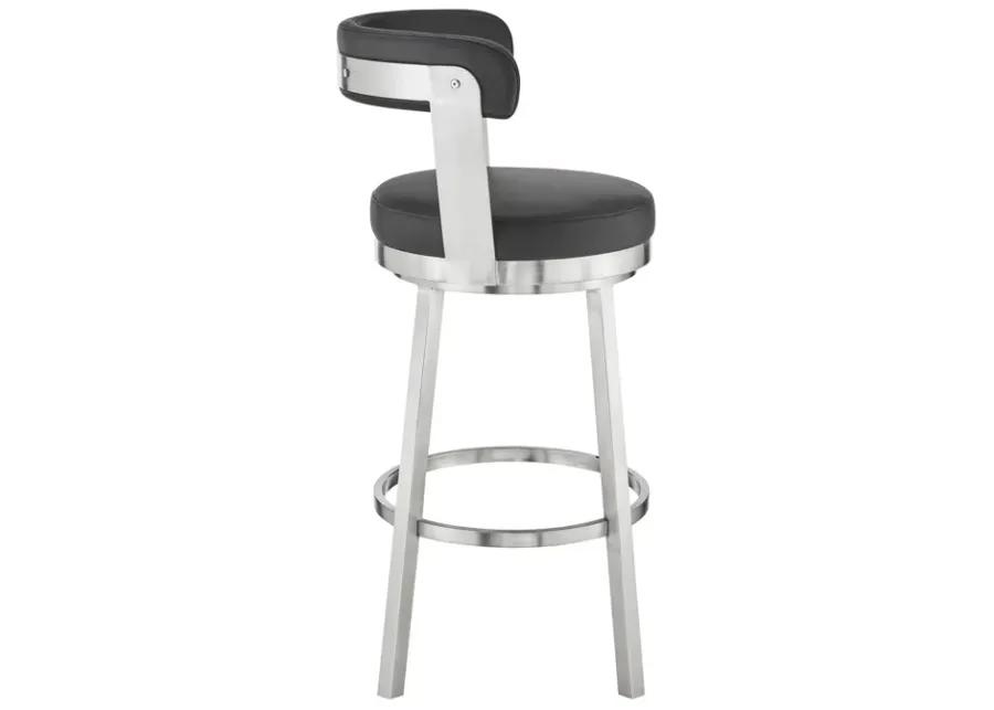 Kobe 30" Bar Height Swivel Bar Stool in Brushed Stainless Steel Finish and Black Faux Leather