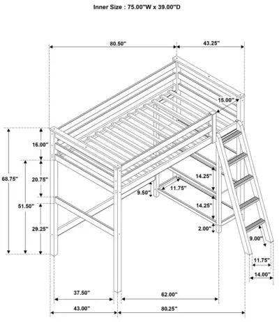 Anica 3-shelf Wood Twin Loft Bed Black