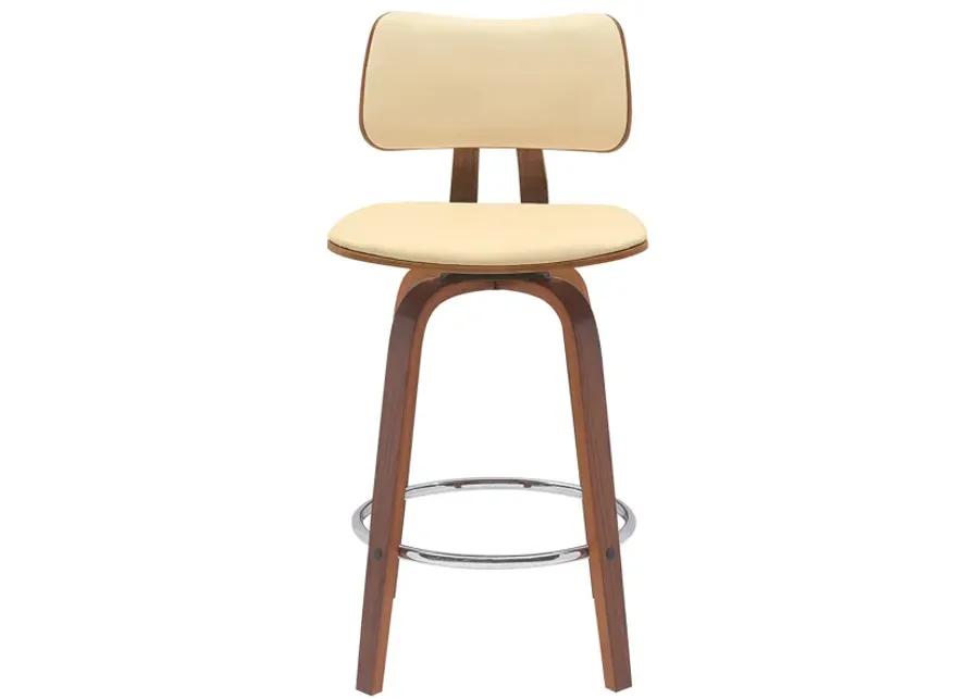 Pico 26" Swivel Walnut Wood Counter Stool in Cream Faux Leather with Chrome