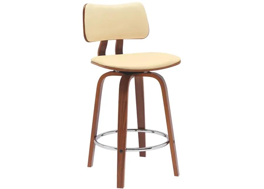 Pico 26" Swivel Walnut Wood Counter Stool in Cream Faux Leather with Chrome