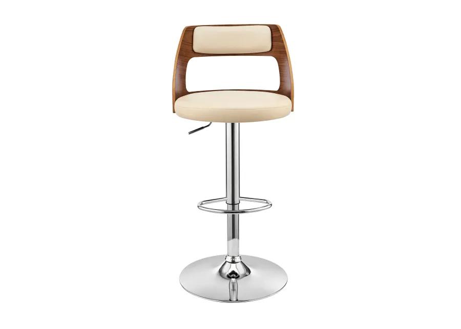 Itzan Adjustable Swivel Cream Faux Leather and Walnut Wood Bar Stool with Chrome Base