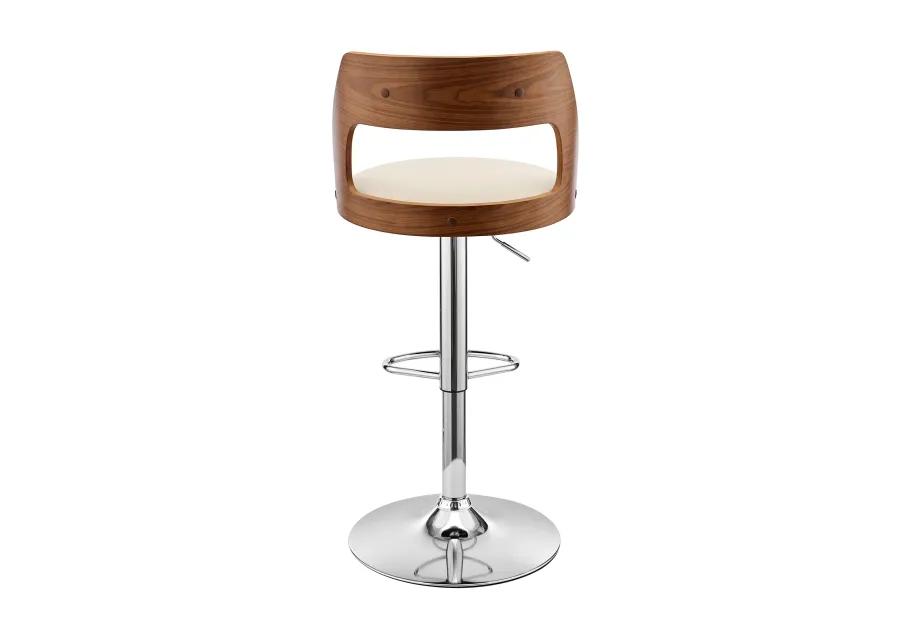 Itzan Adjustable Swivel Cream Faux Leather and Walnut Wood Bar Stool with Chrome Base