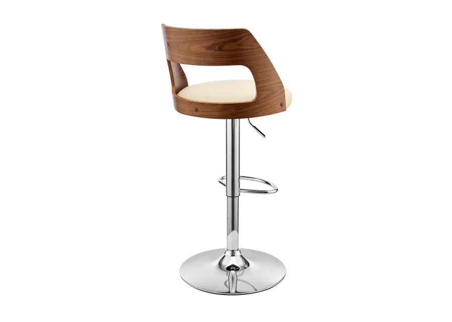 Itzan Adjustable Swivel Cream Faux Leather and Walnut Wood Bar Stool with Chrome Base