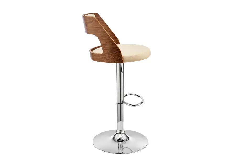 Itzan Adjustable Swivel Cream Faux Leather and Walnut Wood Bar Stool with Chrome Base