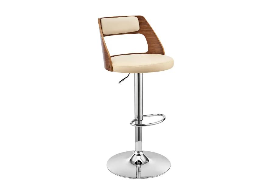 Itzan Adjustable Swivel Cream Faux Leather and Walnut Wood Bar Stool with Chrome Base