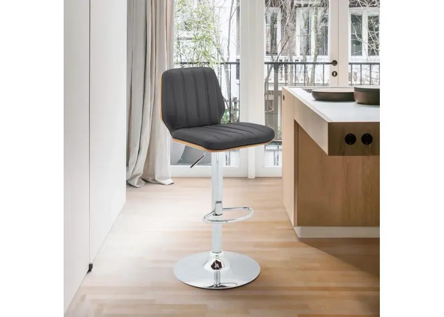 Sabine Adjustable Swivel Gray Faux Leather with Walnut Back and Chrome Bar Stool