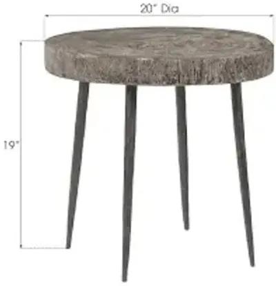 crosscut side table, gray stone, forged legs