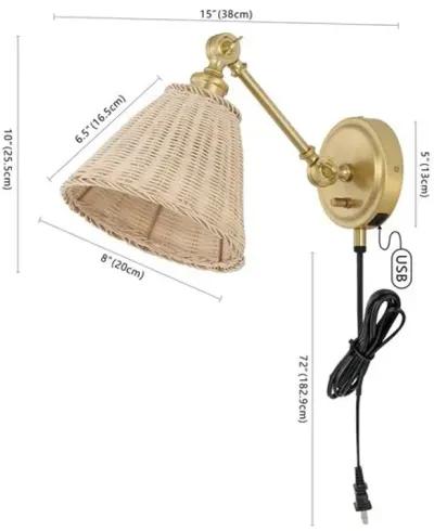 OSWYNN, 15 INCH, NATURAL/BRASS, RATTAN/IRON WALL SCONCE SET OF 2 W/ USB PORT?