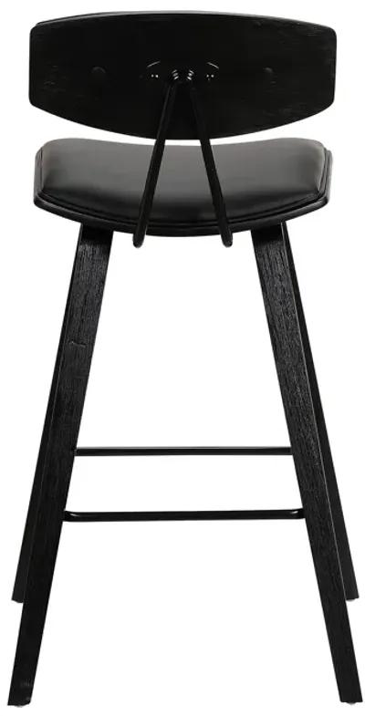 Fox 25.5" Counter Height Black Faux Leather and Black Wood Mid-Century Modern Bar Stool