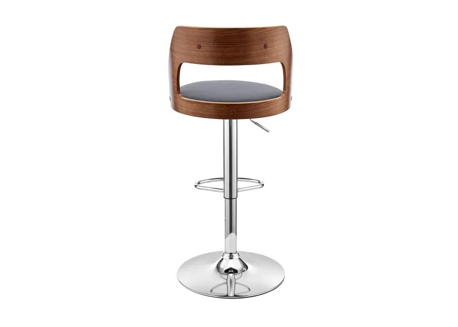 Itzan Adjustable Swivel Grey Faux Leather and Walnut Wood Bar Stool with Chrome Base