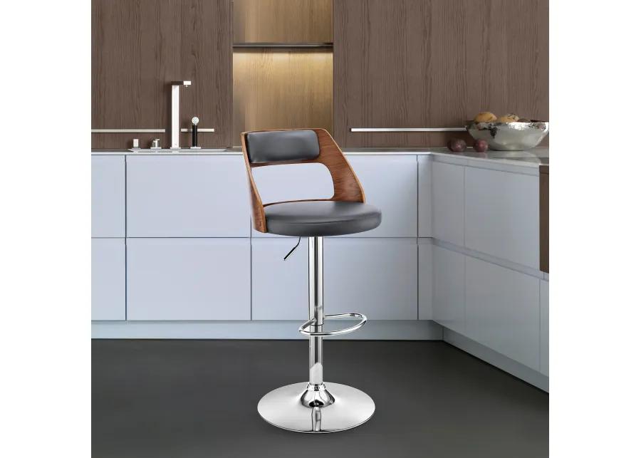 Itzan Adjustable Swivel Grey Faux Leather and Walnut Wood Bar Stool with Chrome Base