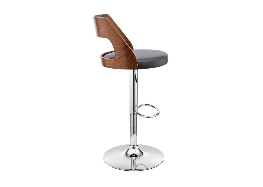 Itzan Adjustable Swivel Grey Faux Leather and Walnut Wood Bar Stool with Chrome Base