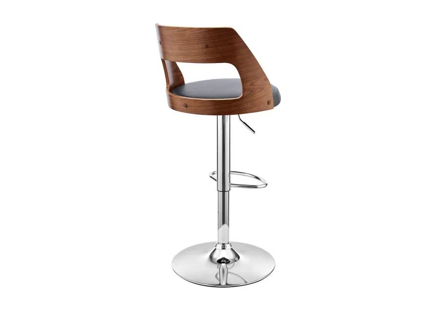 Itzan Adjustable Swivel Grey Faux Leather and Walnut Wood Bar Stool with Chrome Base