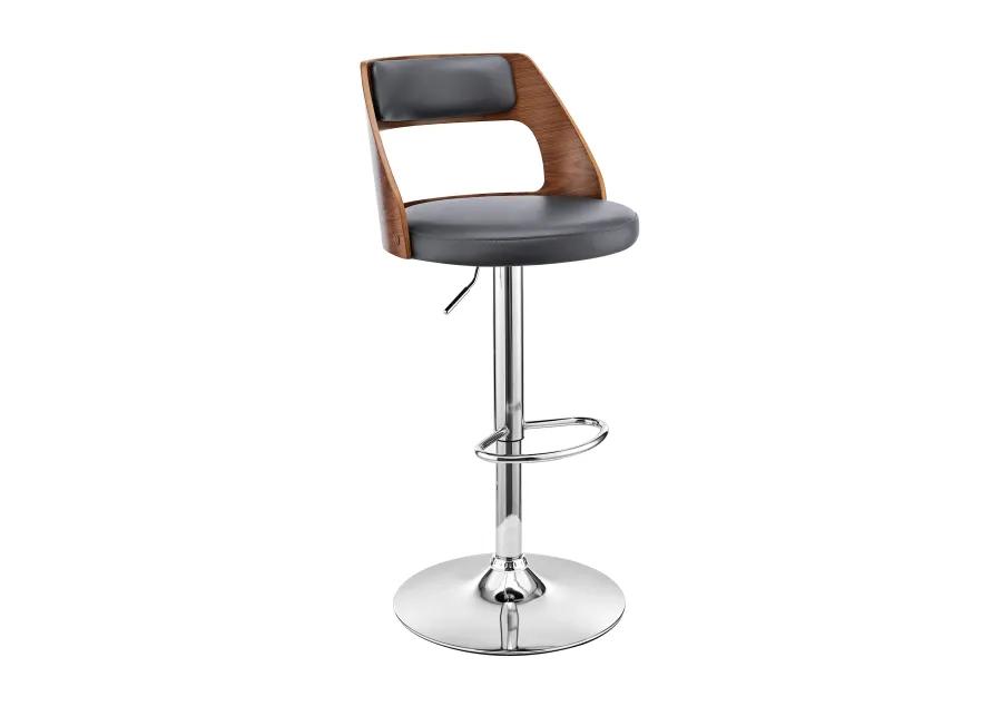 Itzan Adjustable Swivel Grey Faux Leather and Walnut Wood Bar Stool with Chrome Base