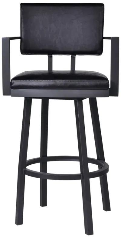 Balboa 26" Counter Height Swivel Vintage Black Faux Leather and Metal Bar Stool with Arms