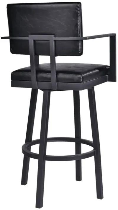 Balboa 26" Counter Height Swivel Vintage Black Faux Leather and Metal Bar Stool with Arms