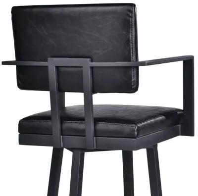 Balboa 26" Counter Height Swivel Vintage Black Faux Leather and Metal Bar Stool with Arms