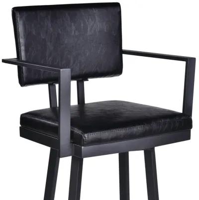 Balboa 26" Counter Height Swivel Vintage Black Faux Leather and Metal Bar Stool with Arms