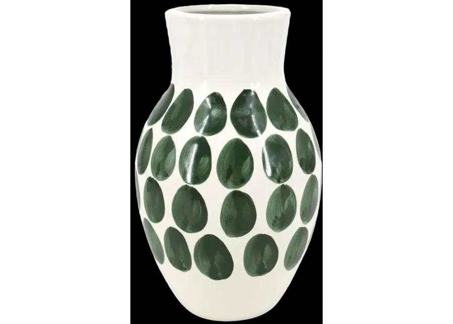 Cer, 10"h Forest Green Polk-a-dot Flower Vase,wht