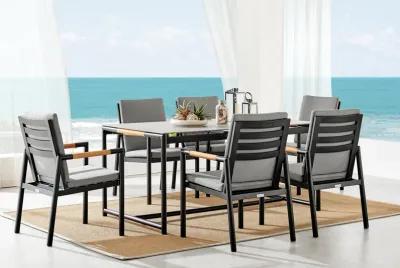 Crown 7 Piece Black Aluminum and Teak Outdoor Dining Set with Dark Gray Fabric