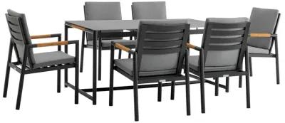 Crown 7 Piece Black Aluminum and Teak Outdoor Dining Set with Dark Gray Fabric