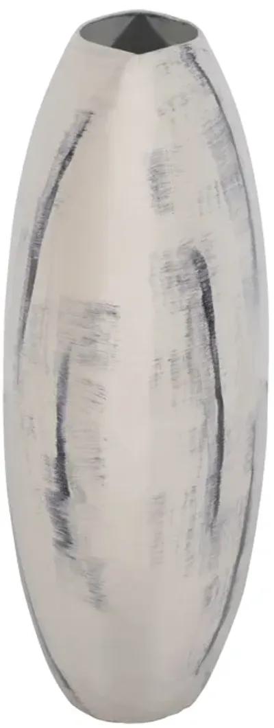 Metal, 20" Enameled Round Vase, Distressed White