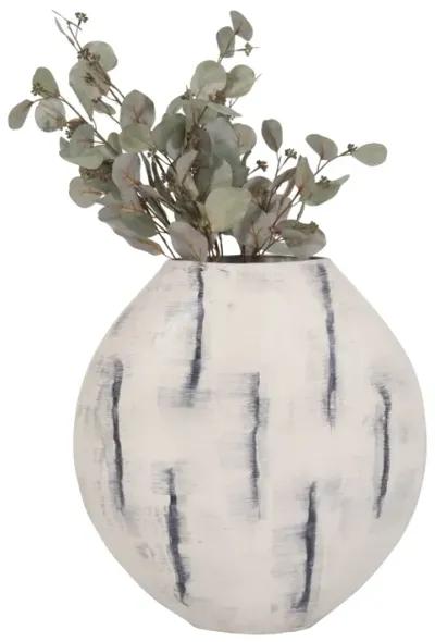 Metal, 20" Enameled Round Vase, Distressed White