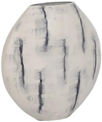 Metal, 20" Enameled Round Vase, Distressed White