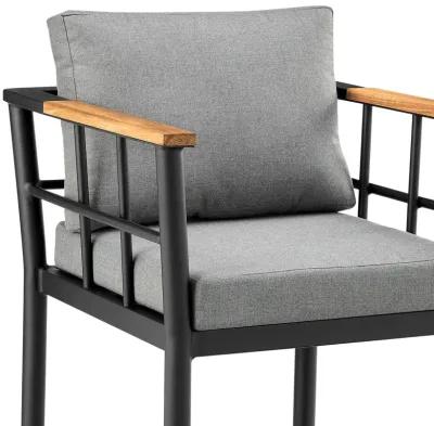 Wiglaf Outdoor Patio Counter Height Bar Stool in Aluminum and Teak with Gray Cushions