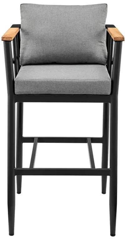 Wiglaf Outdoor Patio Counter Height Bar Stool in Aluminum and Teak with Gray Cushions