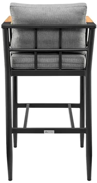 Wiglaf Outdoor Patio Counter Height Bar Stool in Aluminum and Teak with Gray Cushions