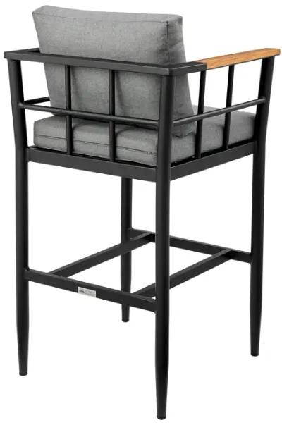 Wiglaf Outdoor Patio Counter Height Bar Stool in Aluminum and Teak with Gray Cushions