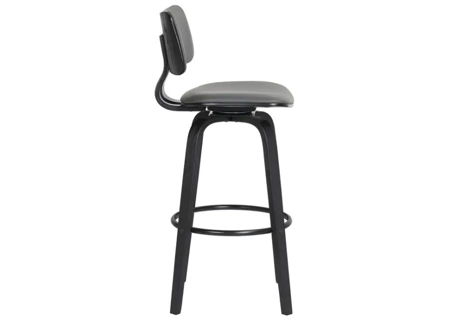 Pico 30" Swivel Black Wood Bar Stool in Gray Faux Leather with Black Metal