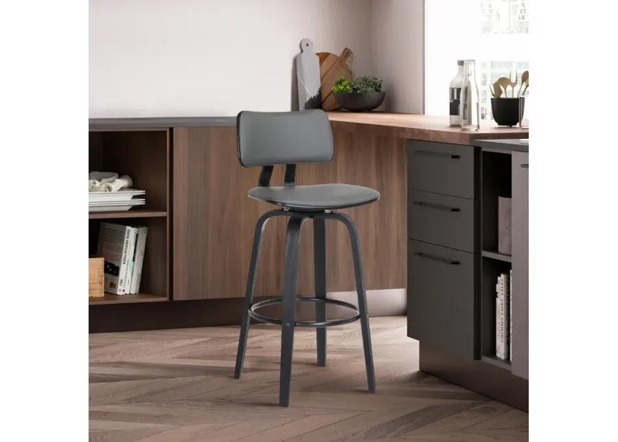 Pico 30" Swivel Black Wood Bar Stool in Gray Faux Leather with Black Metal