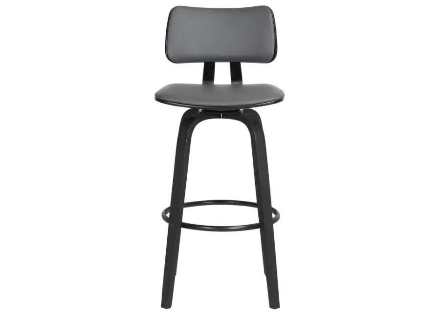 Pico 30" Swivel Black Wood Bar Stool in Gray Faux Leather with Black Metal