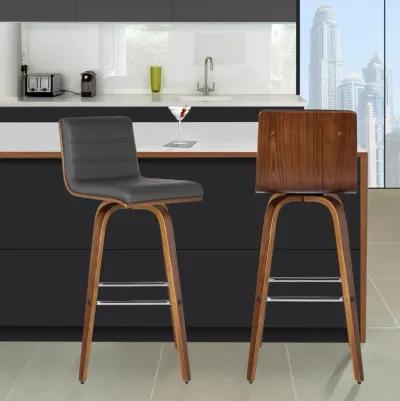 Vienna 30" Bar Height Swivel Grey Faux Leather and Walnut Wood Bar Stool