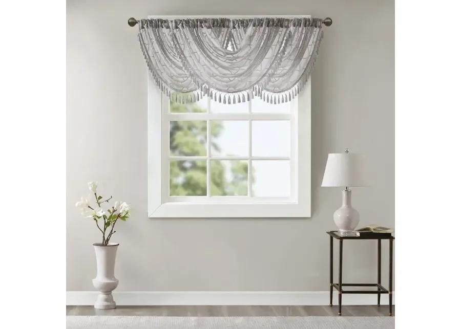 Madison Park Irina Grey Diamond Sheer Embroidered Waterfall Valance