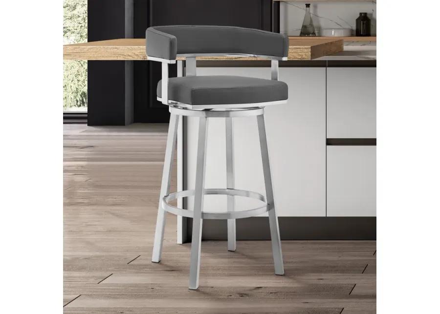 Cohen 26" Gray Faux Leather and Brushed Stainless Steel Swivel Bar Stool